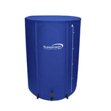 A blue collapsible fabric water tank with a white SUPERTANK logo and a white vertical measurement scale, shown on a plain white background.