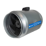 A Systemair Revolution Super Silent Vector EC Fan 355mm duct fan with a silver body, black internal fan blades, and a blue and white 'REVOLUTION SUPER SILENT' label on the side, shown against a plain white background.