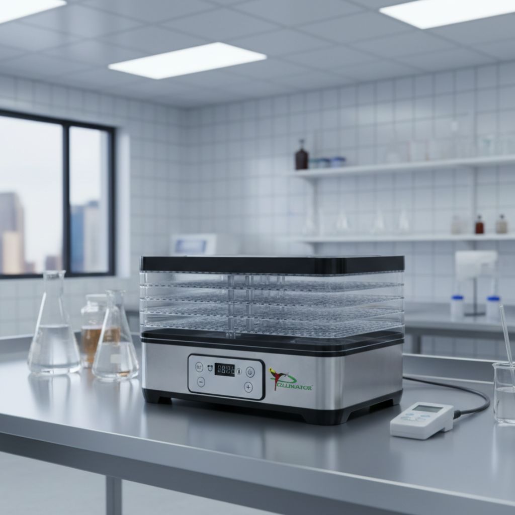 Pollinator Ice-O-Lator extract drying machine on a table in a laboratory setting with shelves and windows in the background.