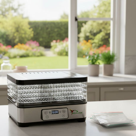 Food dehydrator on a kitchen counter with a garden view through the window.
