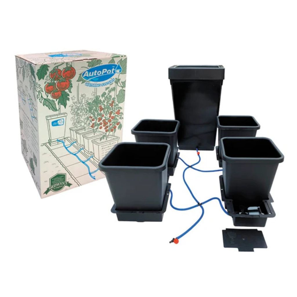 Autopot gardening system with pots and packaging on a white background