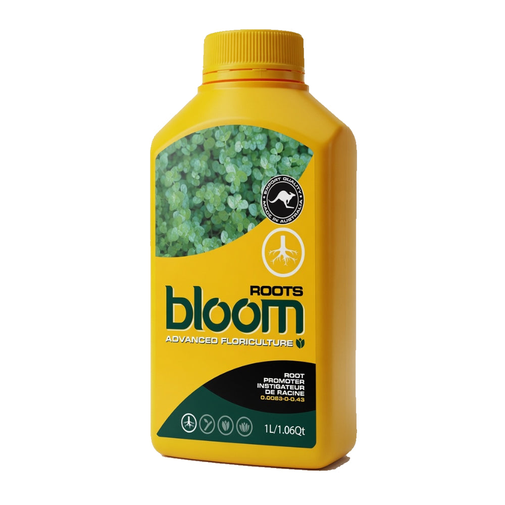 A yellow bottle of Roots Bloom Advanced Floriculture root treatment, featuring a yellow cap and a label with green and black graphics, set against a plain white background.