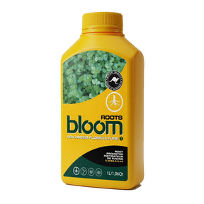 A yellow bottle of Roots Bloom Advanced Floriculture root treatment, featuring a yellow cap and a label with green and black graphics, set against a plain white background.