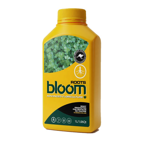A yellow bottle of Roots Bloom Advanced Floriculture root treatment, featuring a yellow cap and a label with green and black graphics, set against a plain white background.
