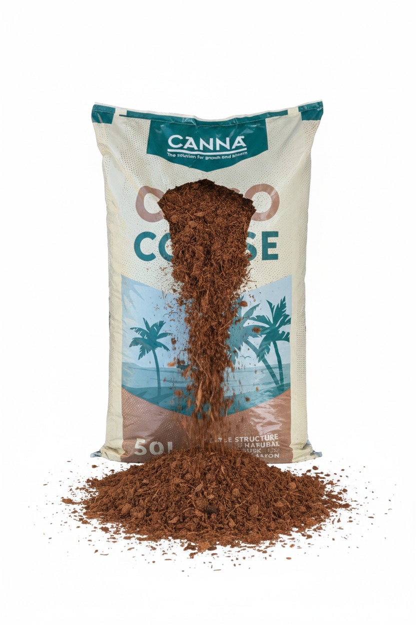 A 50kg bag of Canna Coarse substrate, with the brown coarse substrate visibly spilling out from the top of the bag onto the ground against a white background.