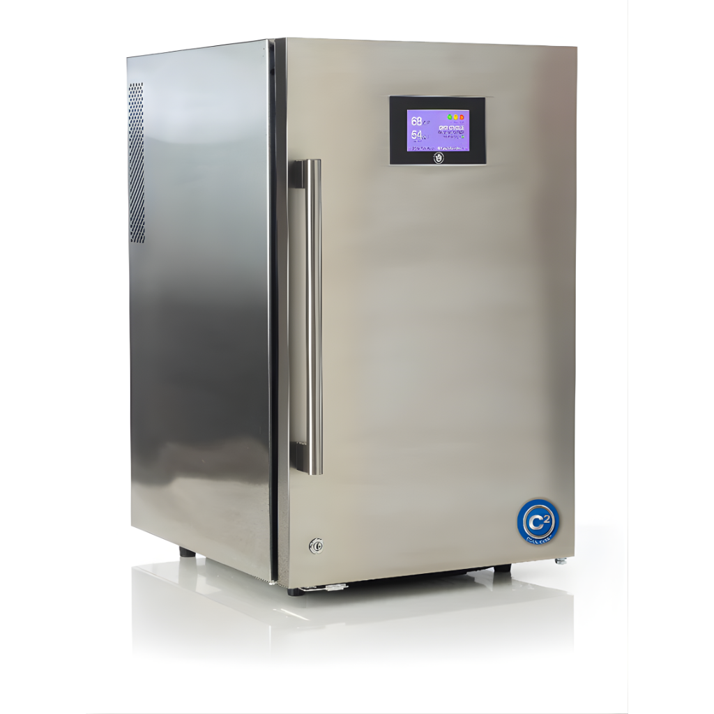 canntrol Stainless steel refrigerator with digital display on a white background