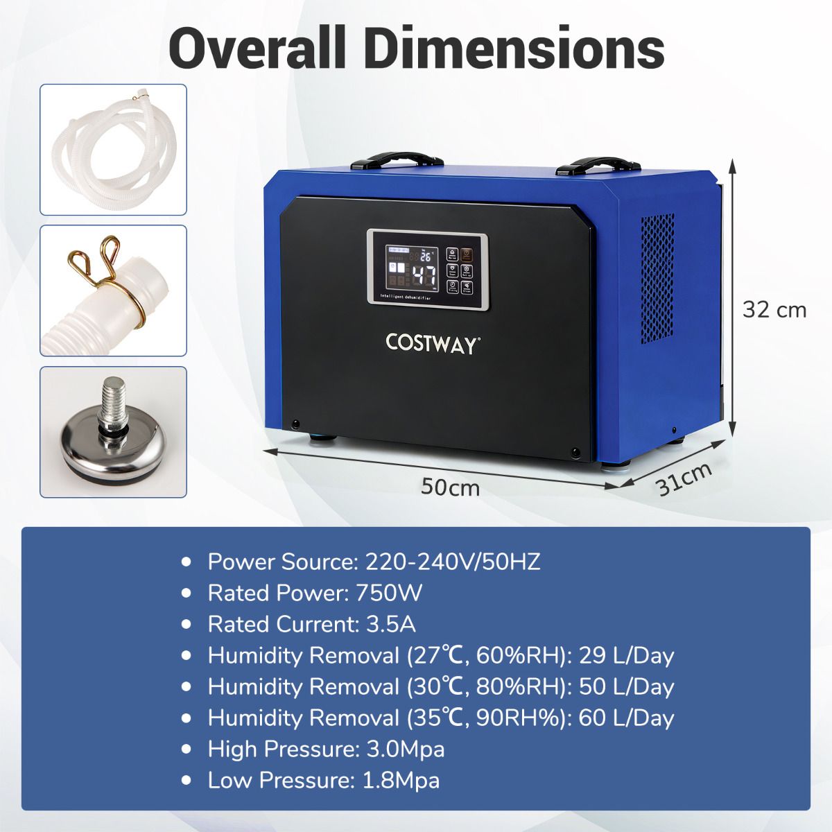 60L Dehumidifier with Drain Hose and 24H Timer