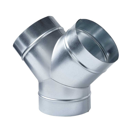 A silver-colored aluminum Y-piece ducting component designed for indoor gardening.