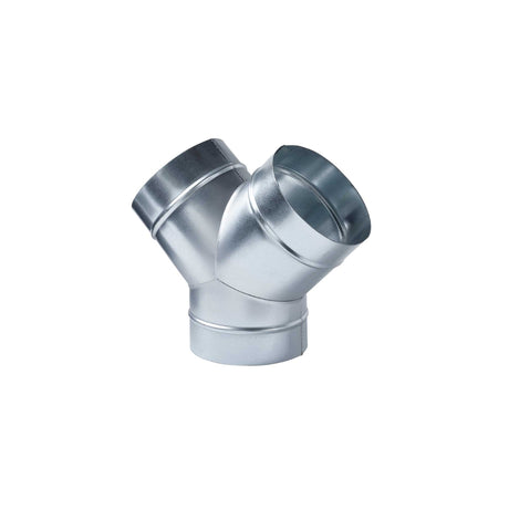 A silver-colored aluminum Y-piece ducting component designed for indoor gardening.