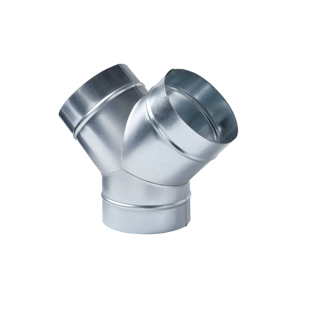 A silver-colored aluminum Y-piece ducting component designed for indoor gardening.
