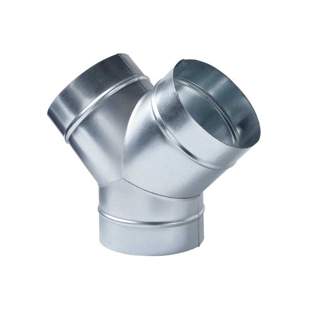 A silver-colored aluminum Y-piece ducting component designed for indoor gardening.