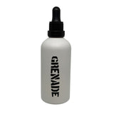 A white bottle with a black dropper cap and the word 'GRENADE' printed vertically in black on the front, isolated on a white background.