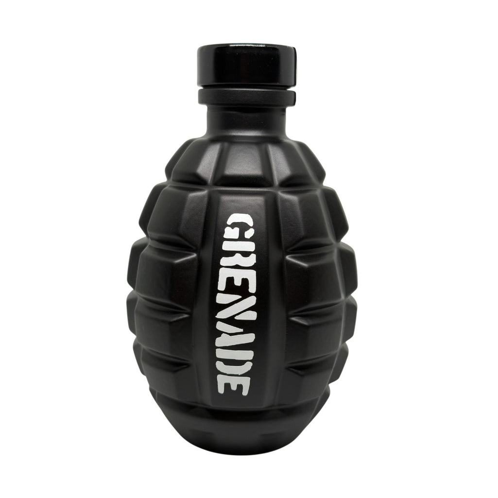 A black grenade-shaped bottle with the word 'GRENADE' printed vertically in white on the front, shown against a plain white background.