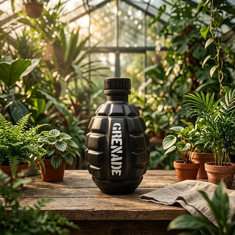 A black grenade-shaped bottle with the word 'GRENADE' printed vertically on the front, displayed on a rustic wooden table surrounded by potted plants in a greenhouse setting.