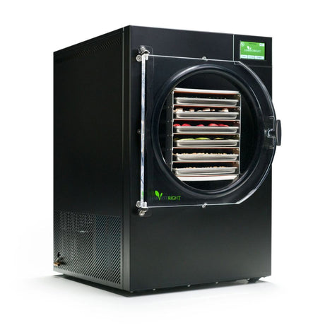 harvestright home freeze dryer black dehumidifier with a clear door showing internal components on a white background