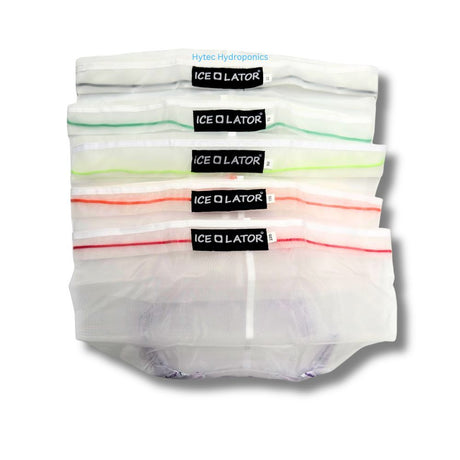 Five pack of Ice Lator bubble bags with visible branding on a white background
