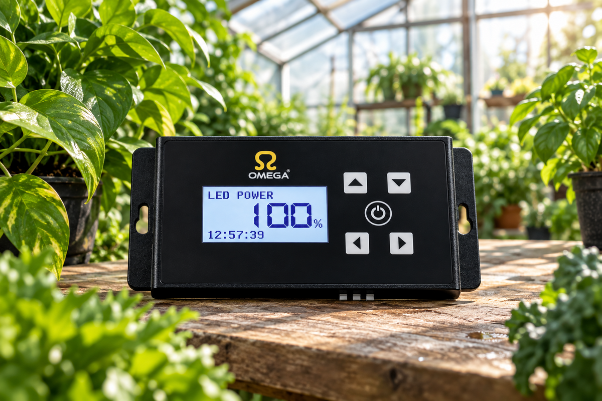 Omega Synco LED driver controller for plant grow lights, shown in a greenhouse setting on a wooden table surrounded by green plants.