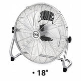 An 18-inch Ora floor fan with a silver metal wire grille and stand, featuring a black center hub with the 'ora' brand logo, shown against a plain white background with a size indicator text overlay.