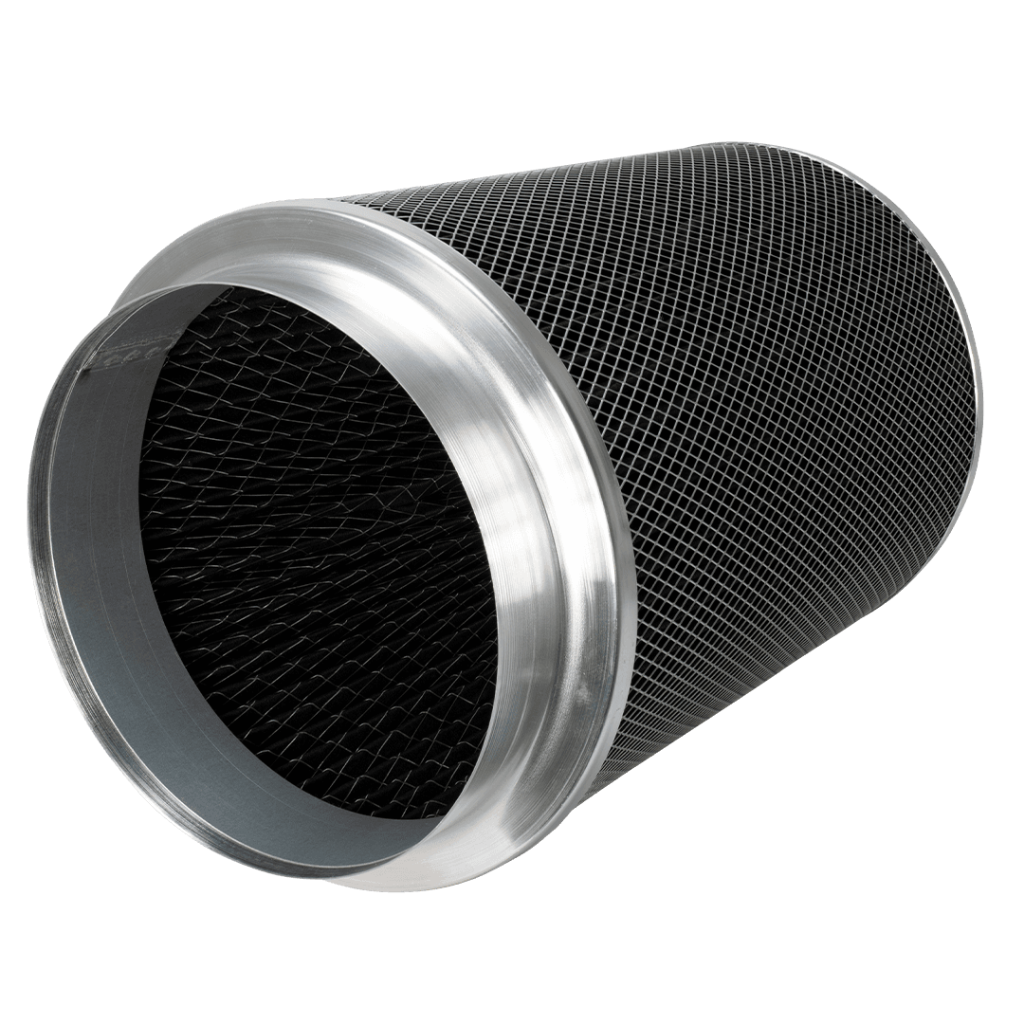 Cylindrical air filter with metallic rim on a white background phresh intake filter extraction 