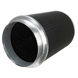 Cylindrical air filter with metallic rim on a white background phresh intake filter extraction 