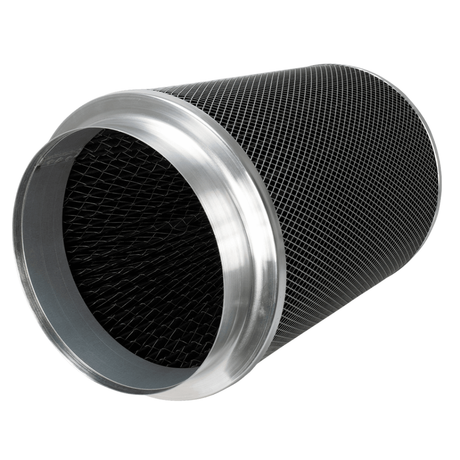 Cylindrical air filter with metallic rim on a white background phresh intake filter extraction 