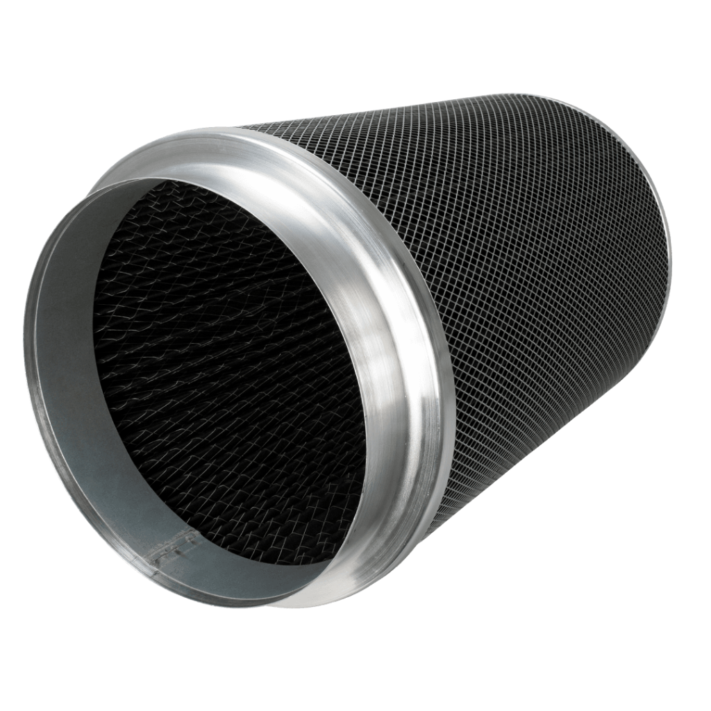 Cylindrical air filter with metallic rim on a white background phresh intake filter 315 500 extraction 