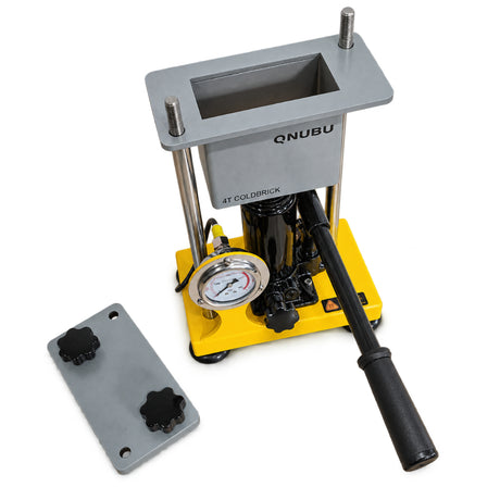 A QNUBU 4T colorbrick hydraulic hand pump with a yellow base, gray metal frame, black handle, and pressure gauge, shown alongside a gray mounting plate on a white background.