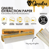 Qnubu extraction paper packaging and a partially unrolled sheet on a white background, with product text, feature icons, a box, and a peeled-back liner showing the paper.