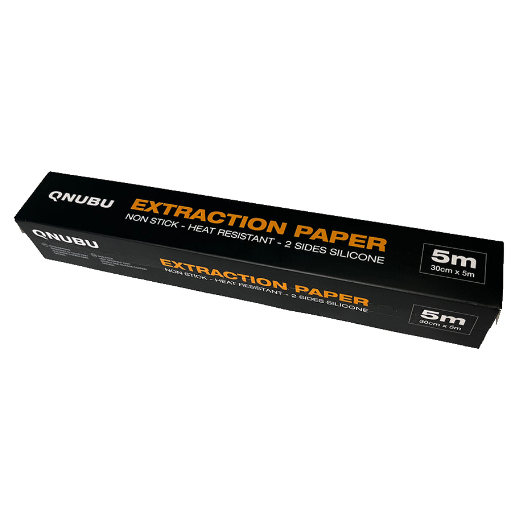 A black box of QNUBU extraction paper, featuring orange and white text, shown on a plain white background.