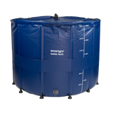 A blue collapsible smartgro water butt with white printed volume markings and a black top handle, shown on a plain white background.