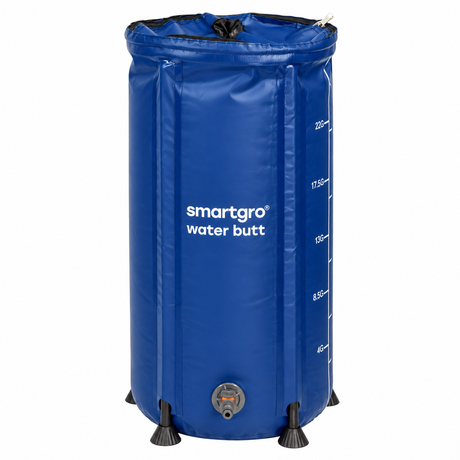 A blue collapsible water butt with black feet, featuring white printed text reading 'smartgro water butt' and measurement markings on the side, shown on a plain white background.