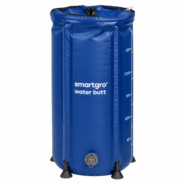 A blue collapsible water butt with black feet, featuring white printed text reading 'smartgro water butt' and measurement markings on the side, shown on a plain white background.