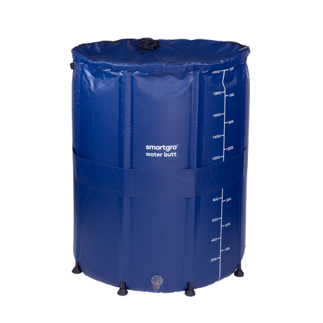 A blue Smartgro collapsible water butt with white printed measurement markings and the brand name 'smartgro water butt' on the front, shown on a plain white background.