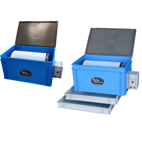 Two blue mechanical devices with open lids Pollinator P500 automatic dry sift machine for 500g solventless extraction