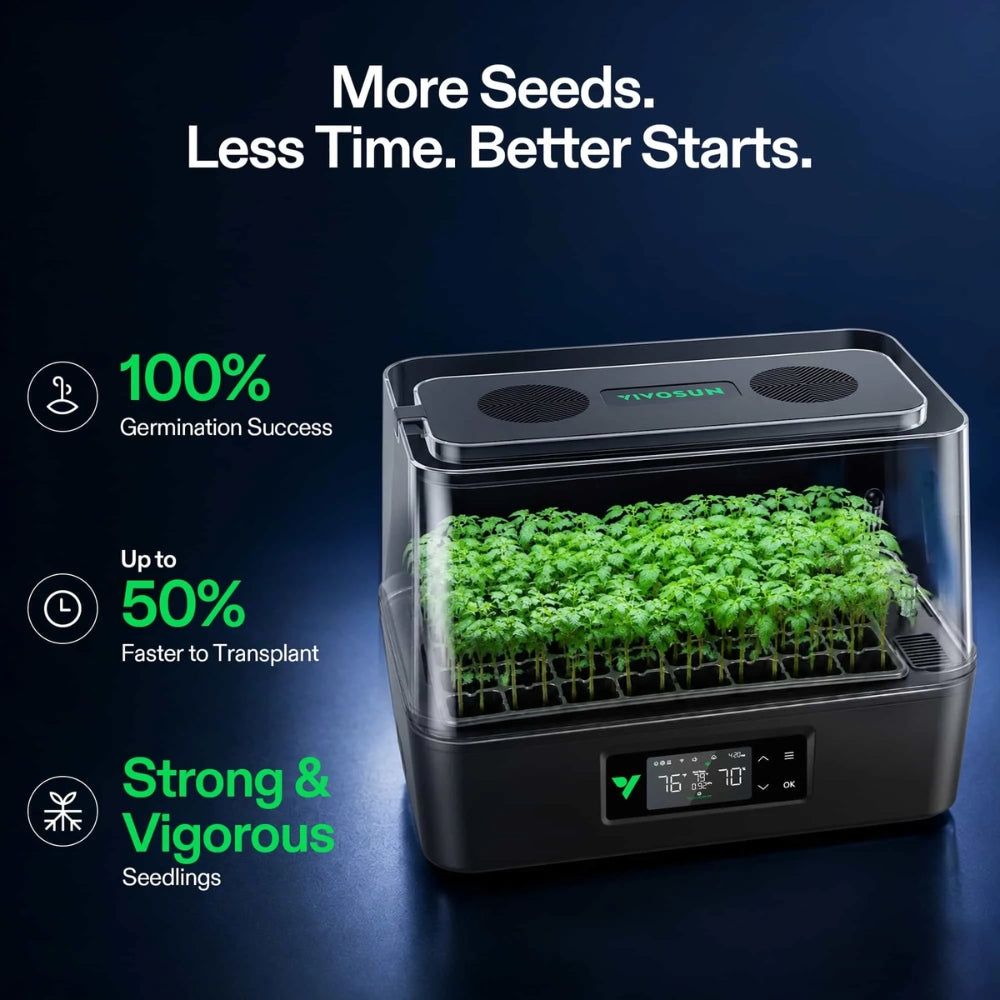 A black indoor herb grower with a transparent lid showing bright green seedlings inside, set against a dark blue background with marketing text highlighting germination success, faster transplanting, and vigorous growth.