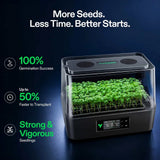 A black indoor herb grower with a transparent lid showing bright green seedlings inside, set against a dark blue background with marketing text highlighting germination success, faster transplanting, and vigorous growth.