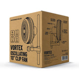 A brown cardboard product box for a Vortex Oscillating 10-inch clip fan, featuring line drawings of the fan and mounting hardware with printed labels and specifications.