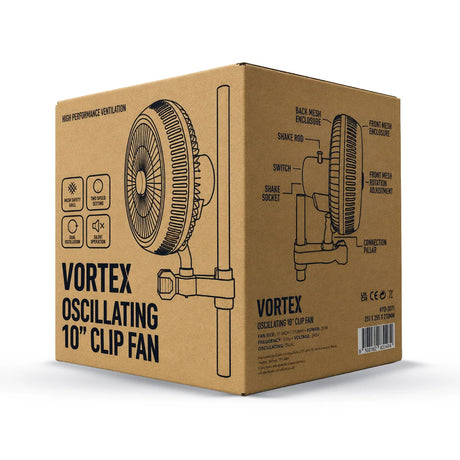 A brown cardboard product box for a Vortex Oscillating 10-inch clip fan, featuring line drawings of the fan and mounting hardware with printed labels and specifications.