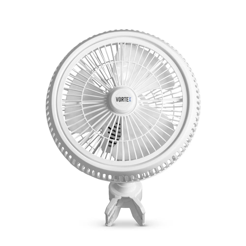 A white VORTEX clip fan with a circular head, protective grille, and adjustable stand, shown against a plain white background.